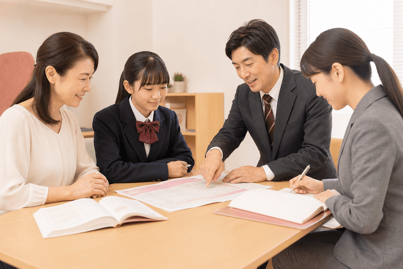 生徒・保護者・講師・教務スタッフが目標達成に向けて学習計画を共有する様子